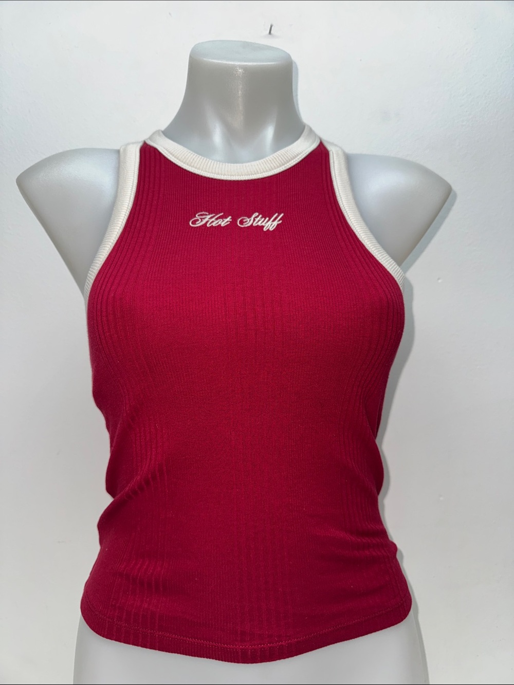 PINK Victoria's Secret Red Ribbed Tank with Cream Trim Sz.XS NWT